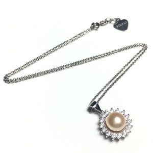 925 Silver Peach Pearl CZ Crystal Pendant Necklace